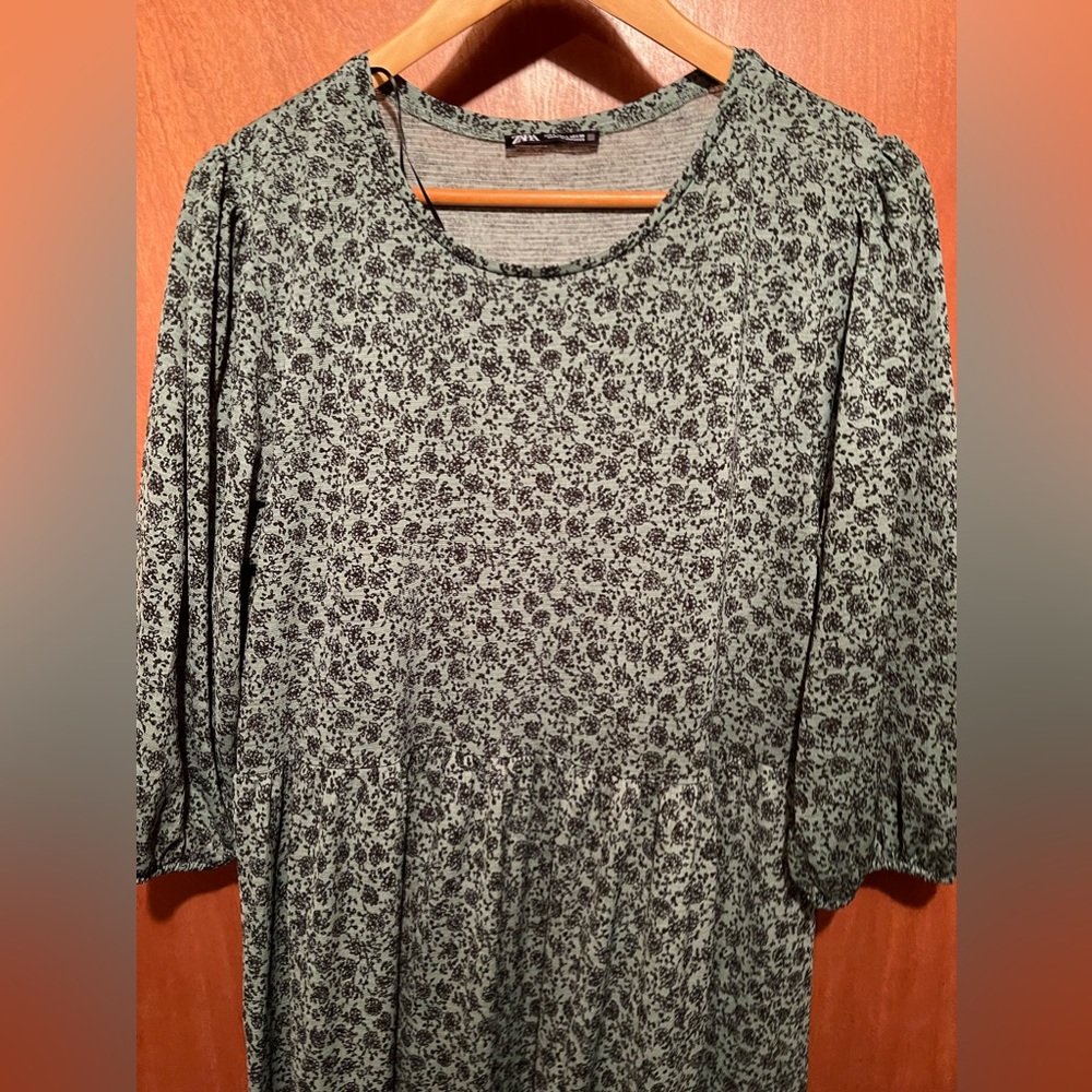 Zara Green Floral Smock Midi Dress - Picture 3 of 5